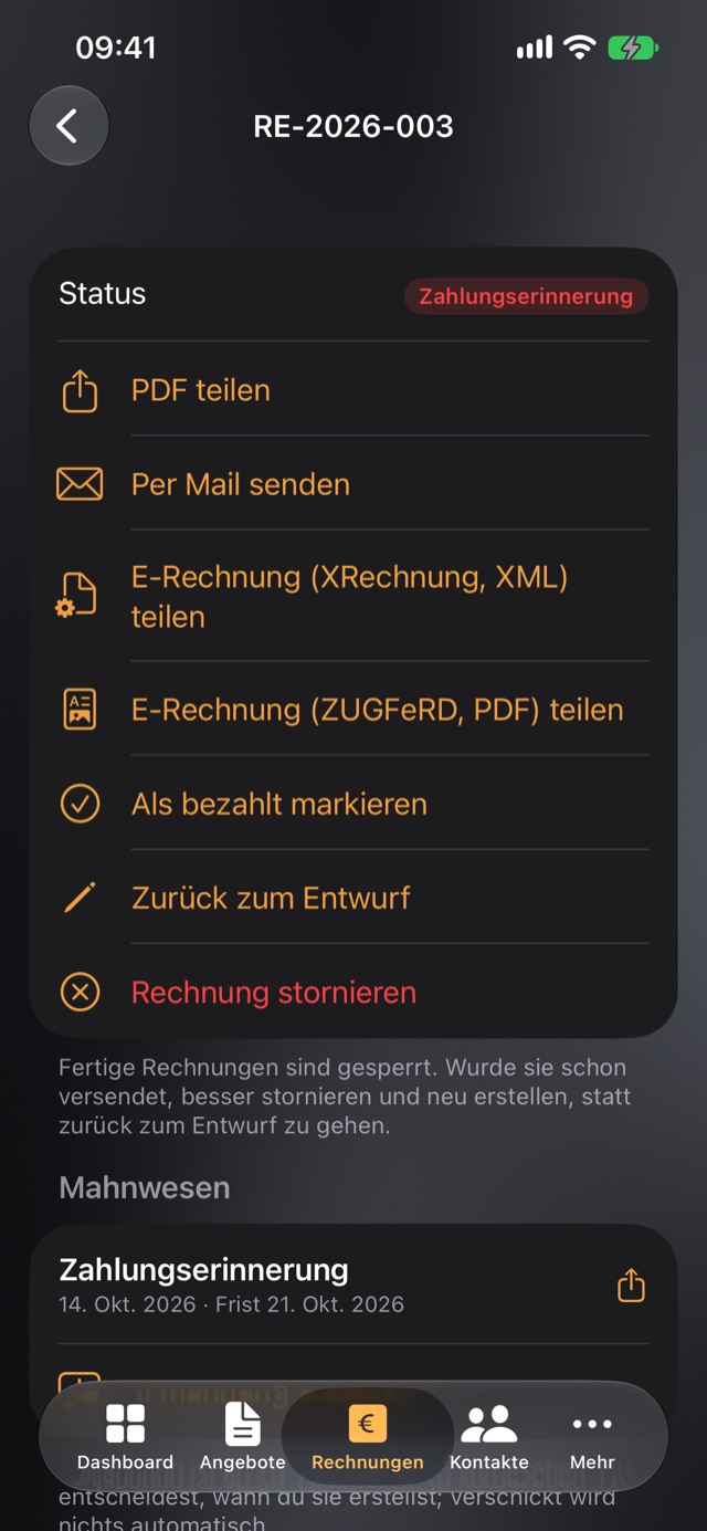 CUEdash: Rechnung mit den Knöpfen zum Teilen als XRechnung und ZUGFeRD, darunter das Mahnwesen