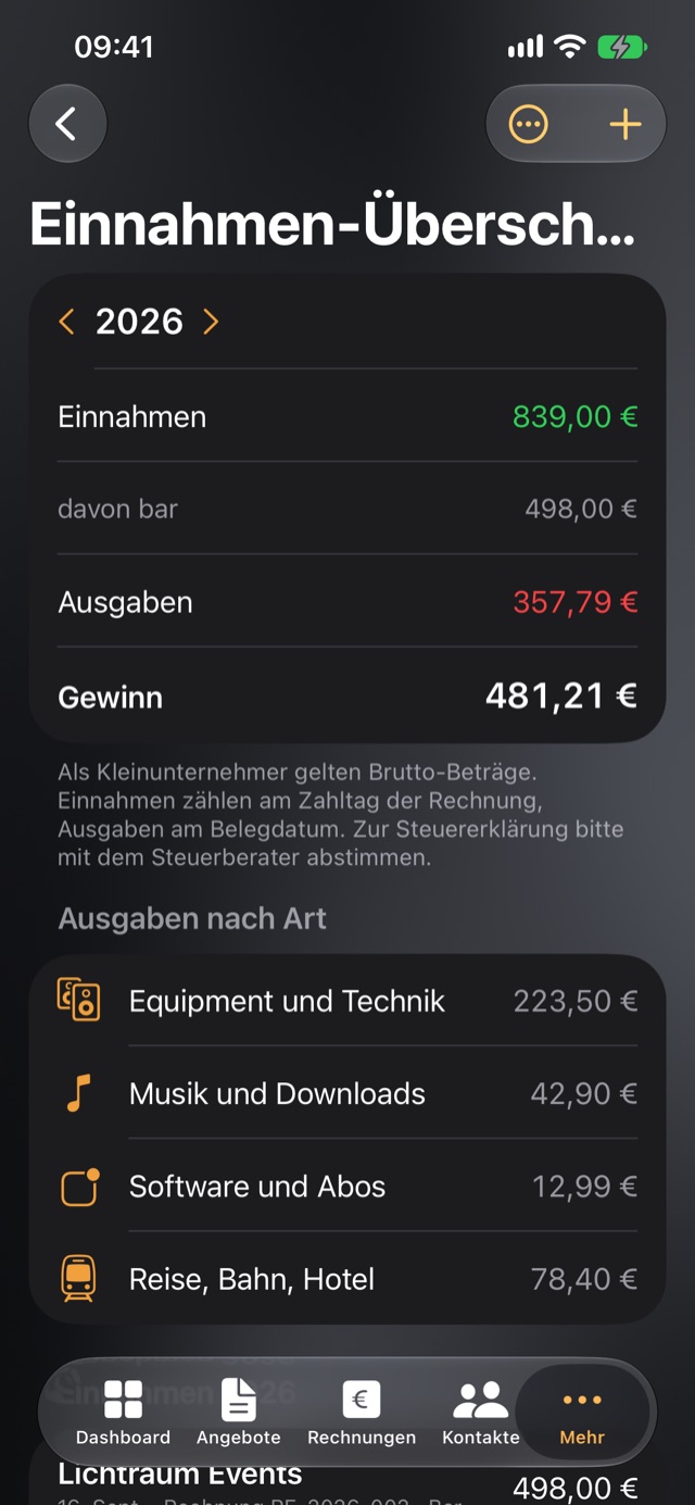 CUEdash: Einnahmen-Überschuss mit Einnahmen, Ausgaben und Gewinn