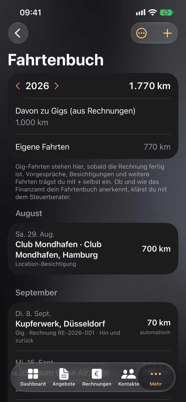CUEdash: Fahrtenbuch mit Kilometern zu Gigs und eigenen Fahrten
