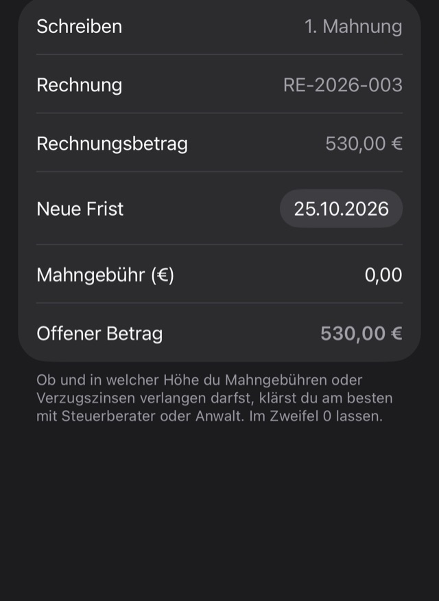 CUEdash: Fenster zum Erstellen einer 1. Mahnung mit neuer Frist und Mahngebühr