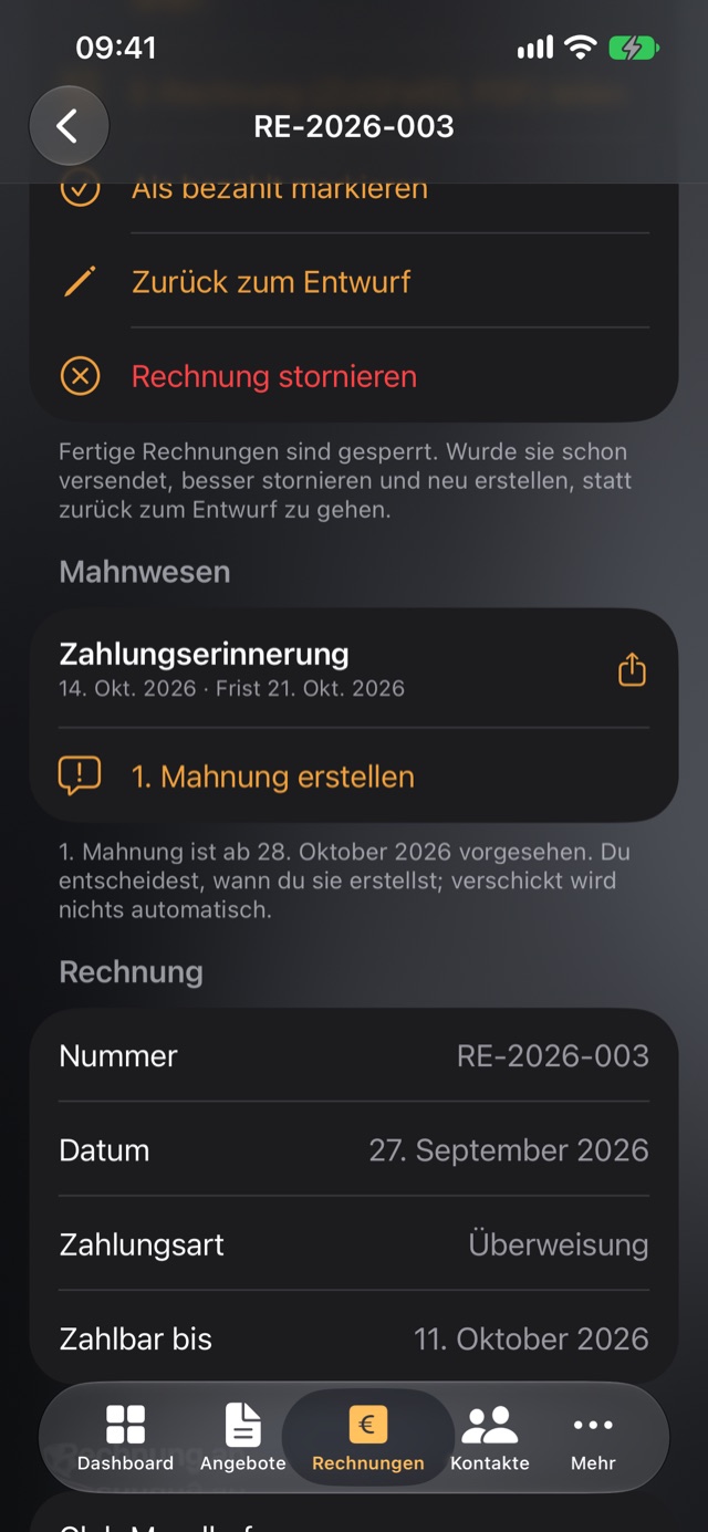 CUEdash: Mahnwesen in einer Rechnung, Zahlungserinnerung erstellt, 1. Mahnung vorgesehen